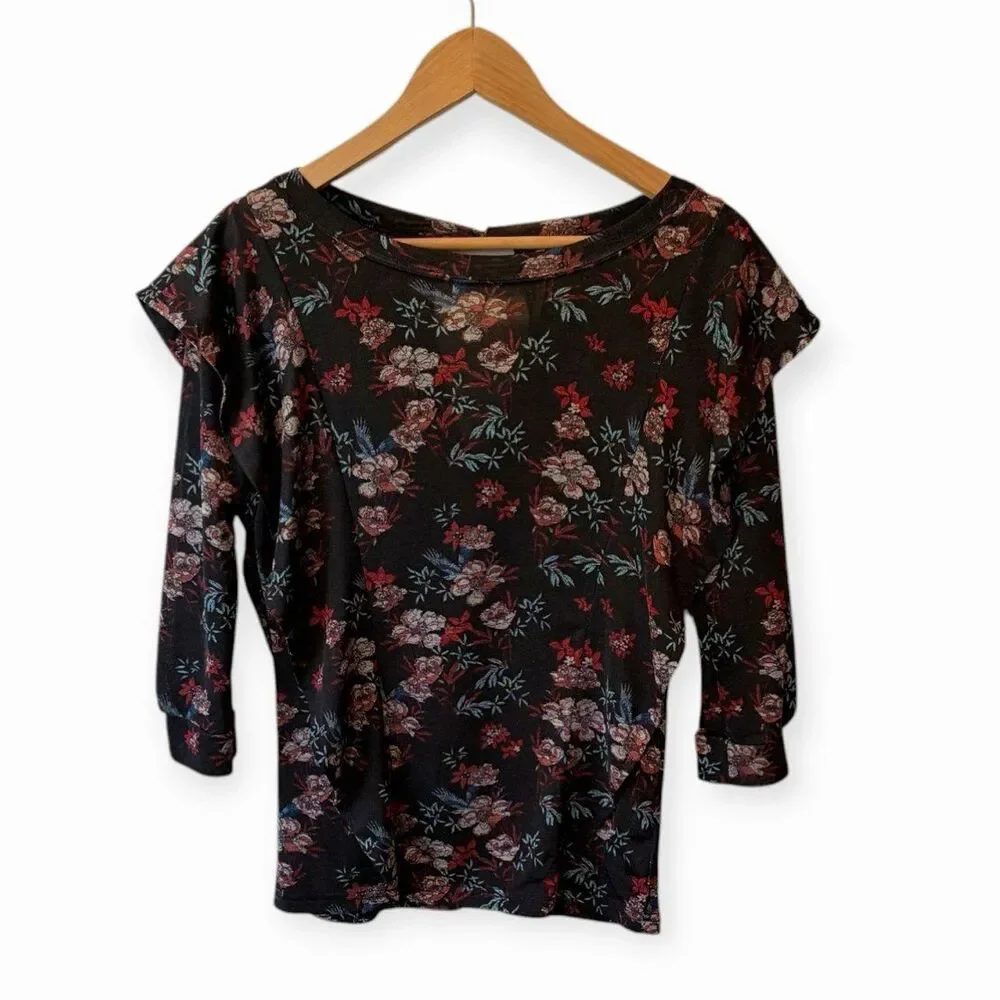 Free People XS Black Floral 3/4 Sleeve Keyhole Back Relaxed Boho Top